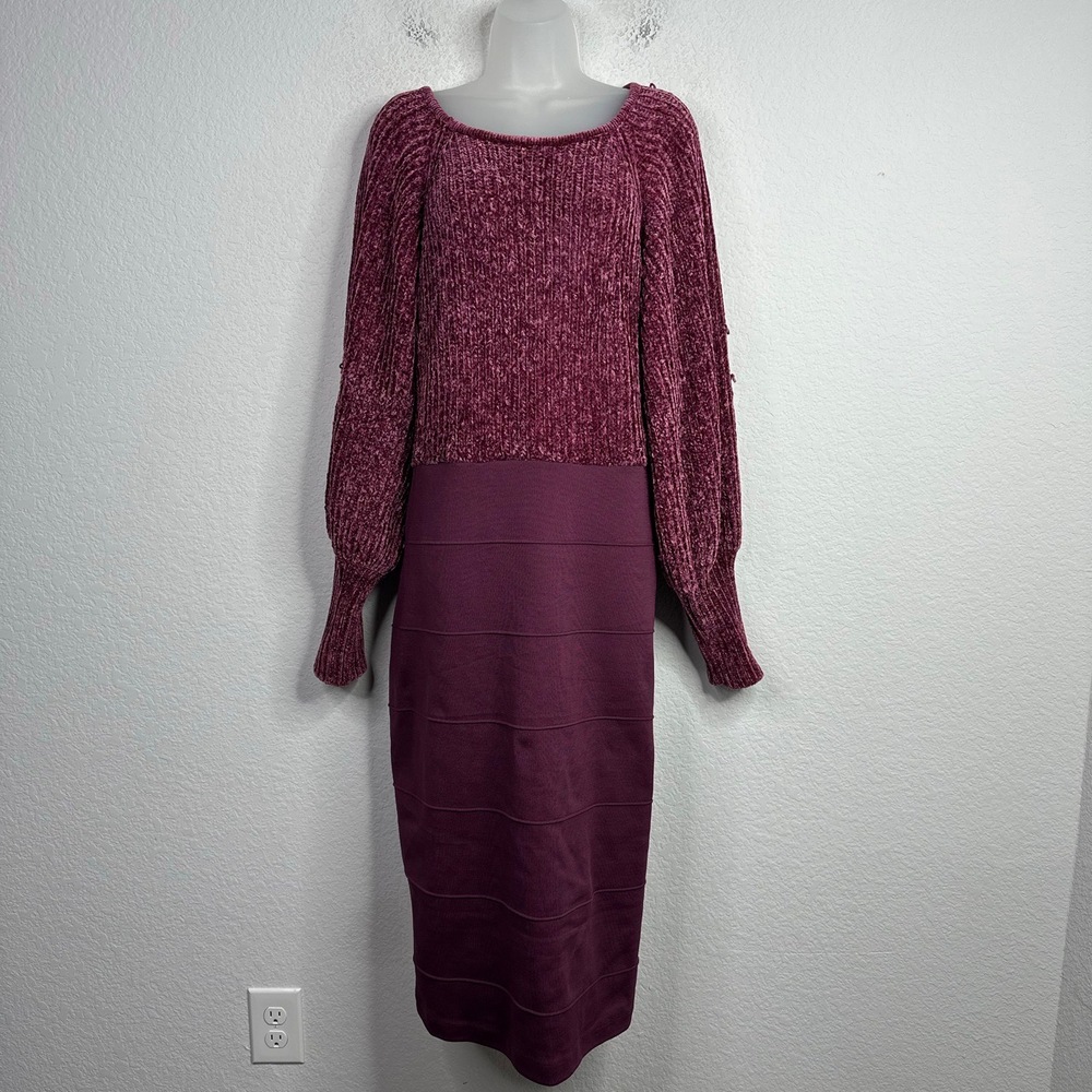 Ashro Dress Womens 1X Purple Camillia Long Sleeve Textured Knit Bodycon Career